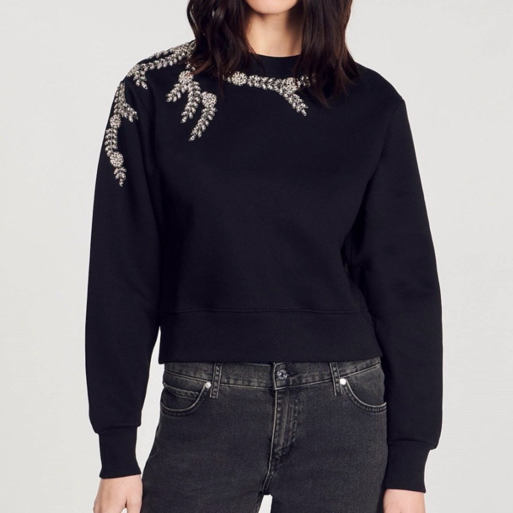 🆕🖤✨Cupcakes and Cashmere Black Embellished Beaded Crewneck Sweatshirt M Pullover